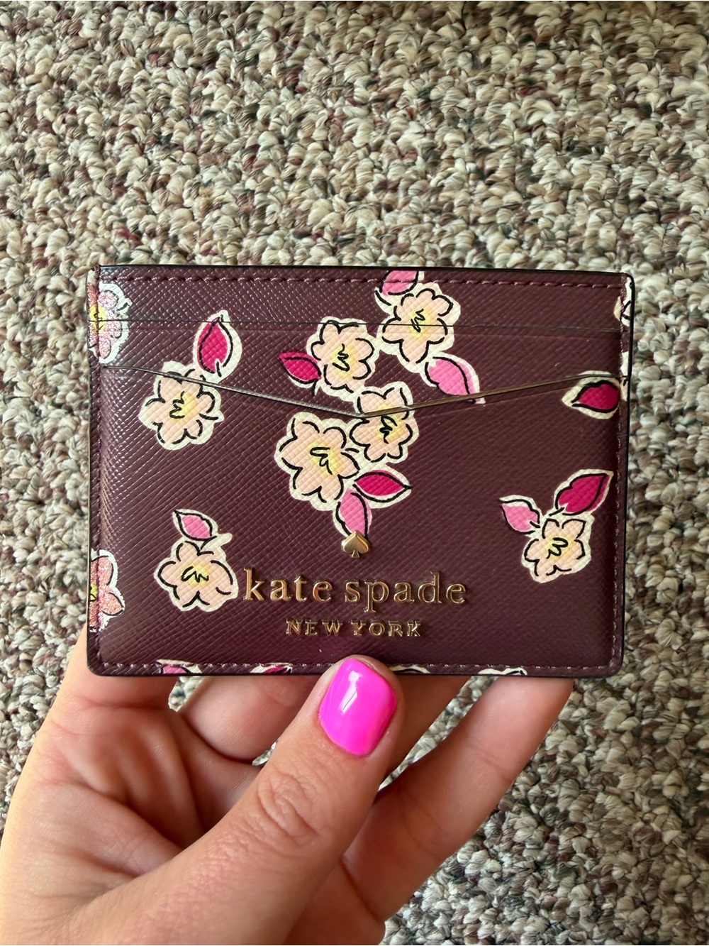 kate spade Floral Card Holder in Burgundy with Pink Accents